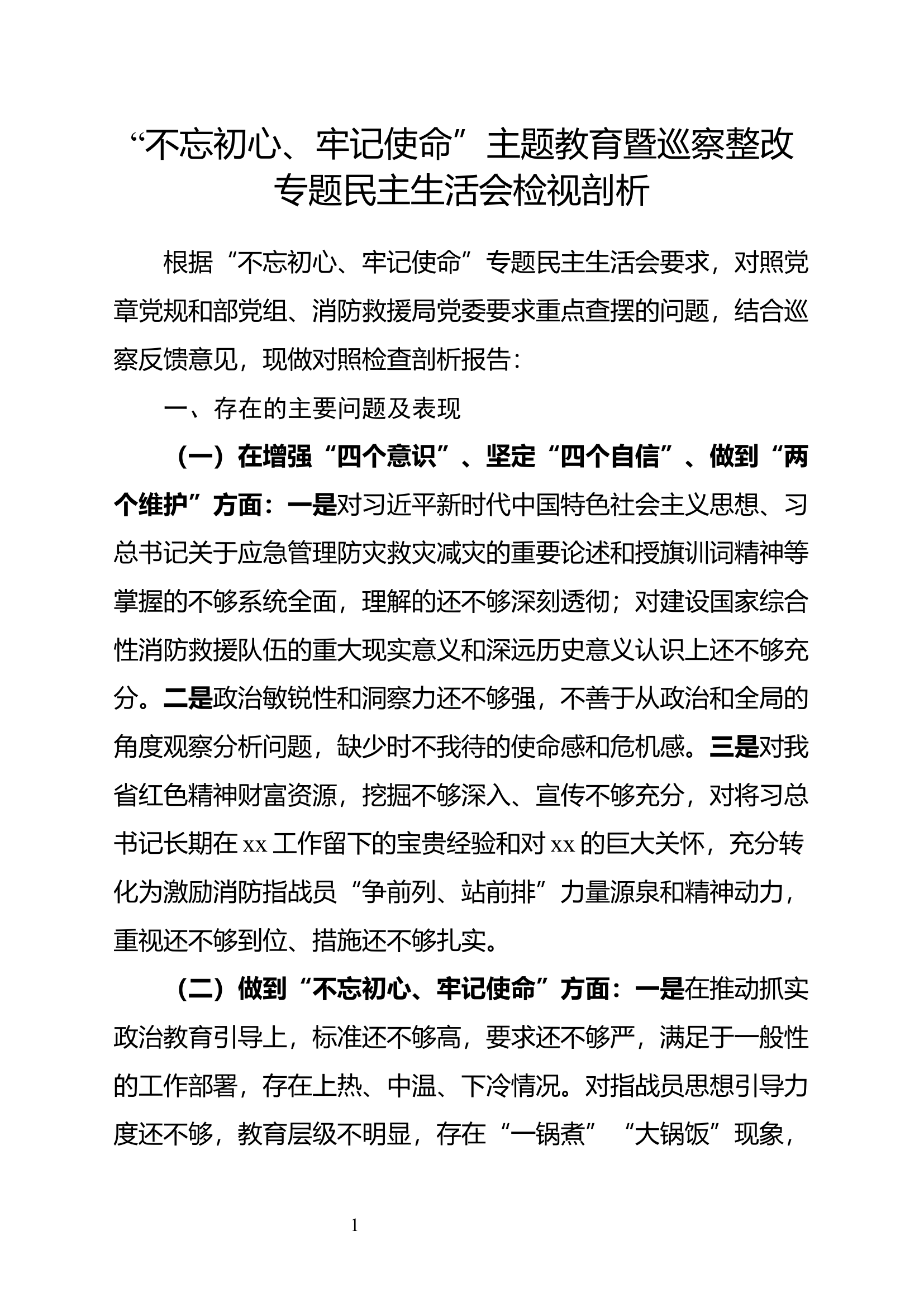 “不忘初心、牢记使命”主题教育暨巡察整改专题民主生活会检视剖析(5).docx 第1页