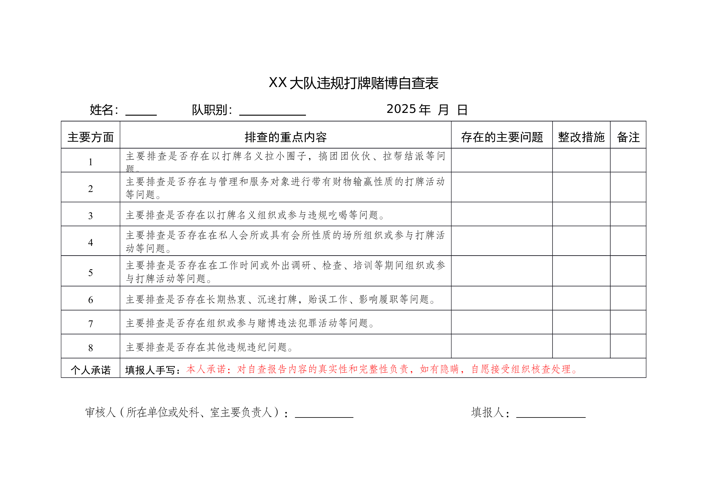 XX大队违规打牌赌博自查表 第1页