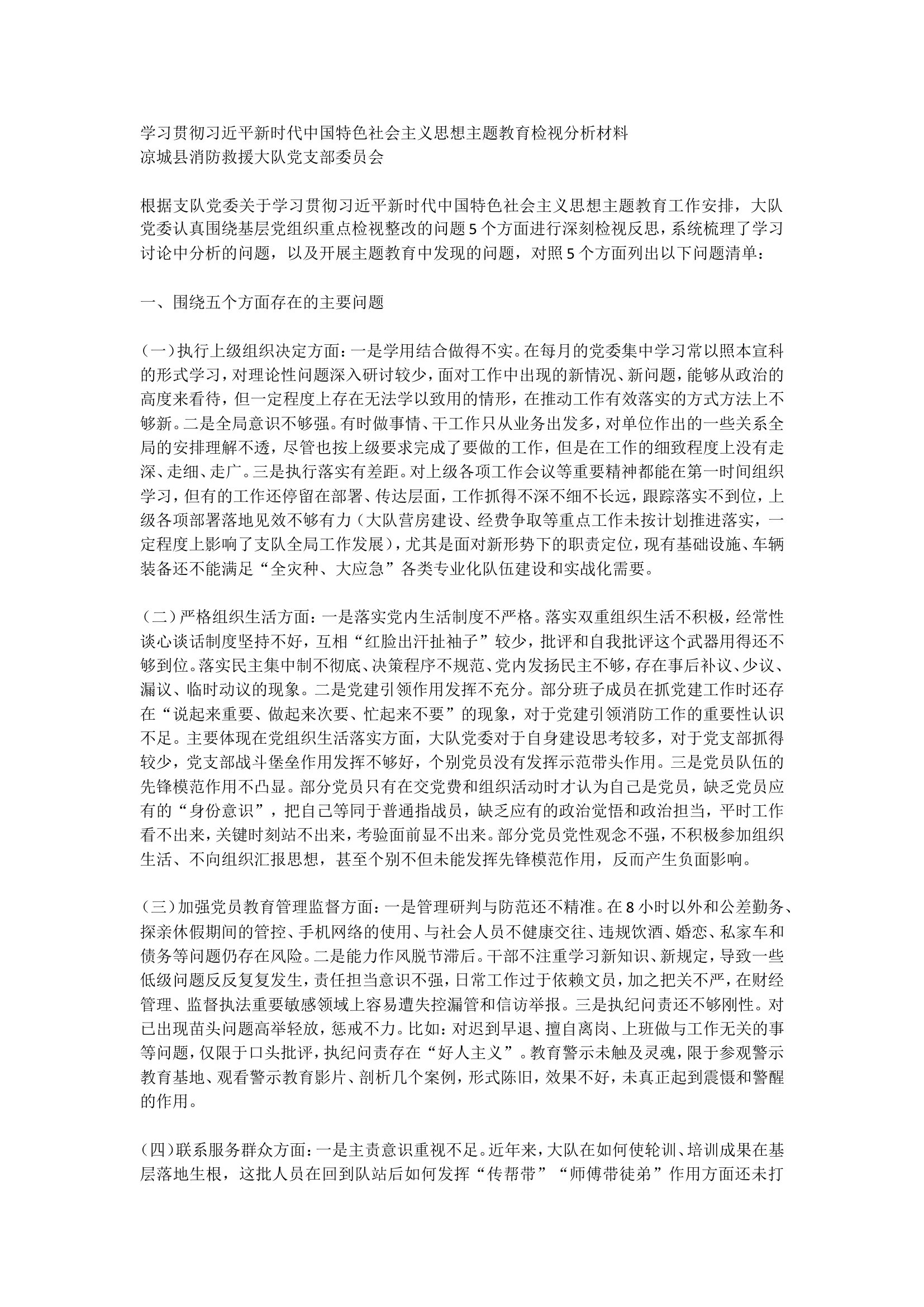 XX县消防救援大队党委 学习贯彻习近平新时代中国特色社会主义思想主题教育检视分析材料.doc 第1页