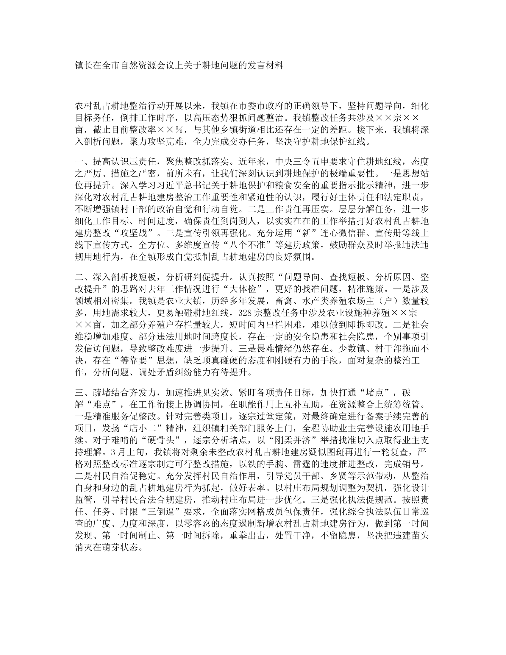 镇长在全市自然资源会议上关于耕地问题的发言材料.docx 第1页