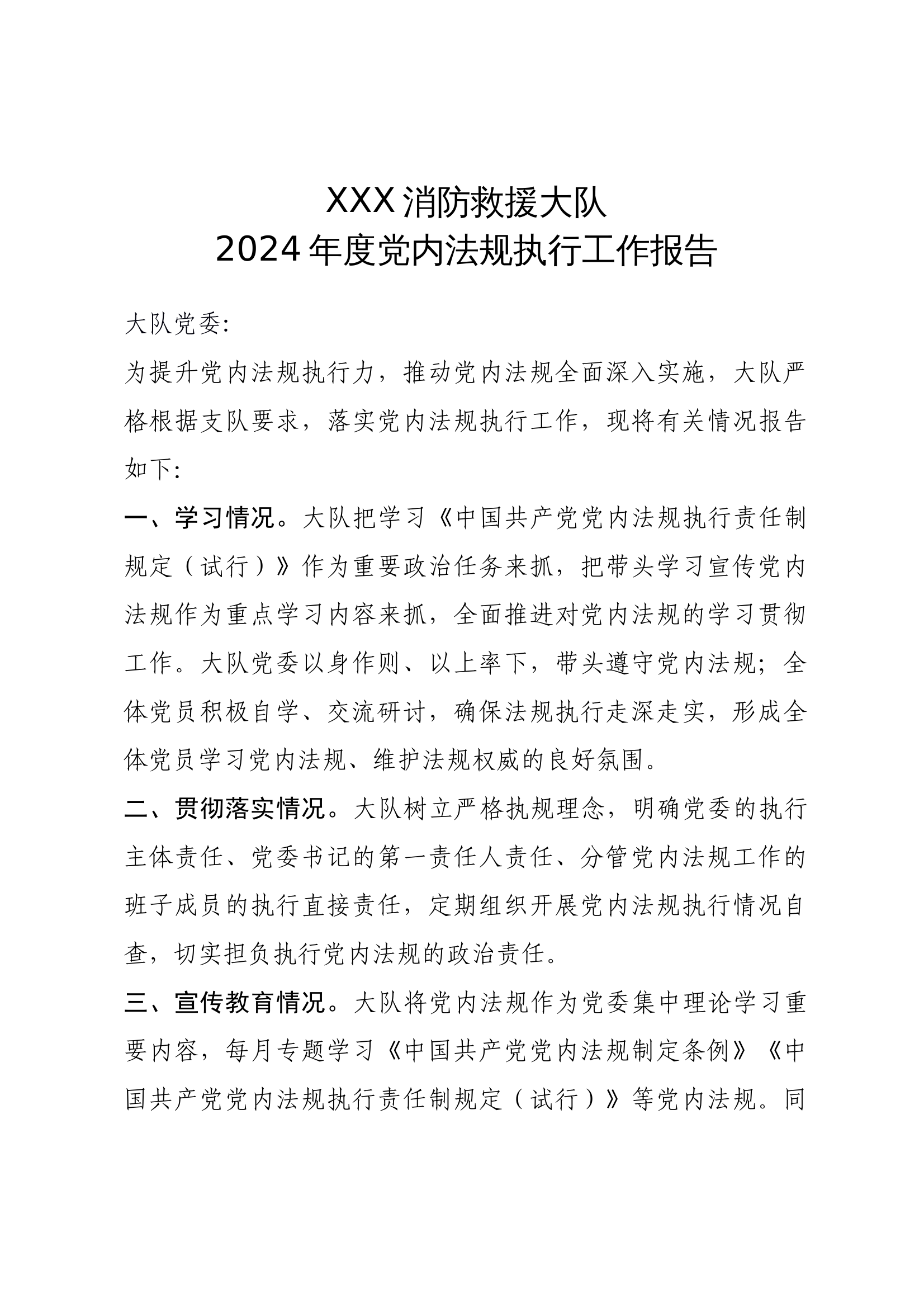 消防救援大队2024年度党内法规执行工作报告 第1页
