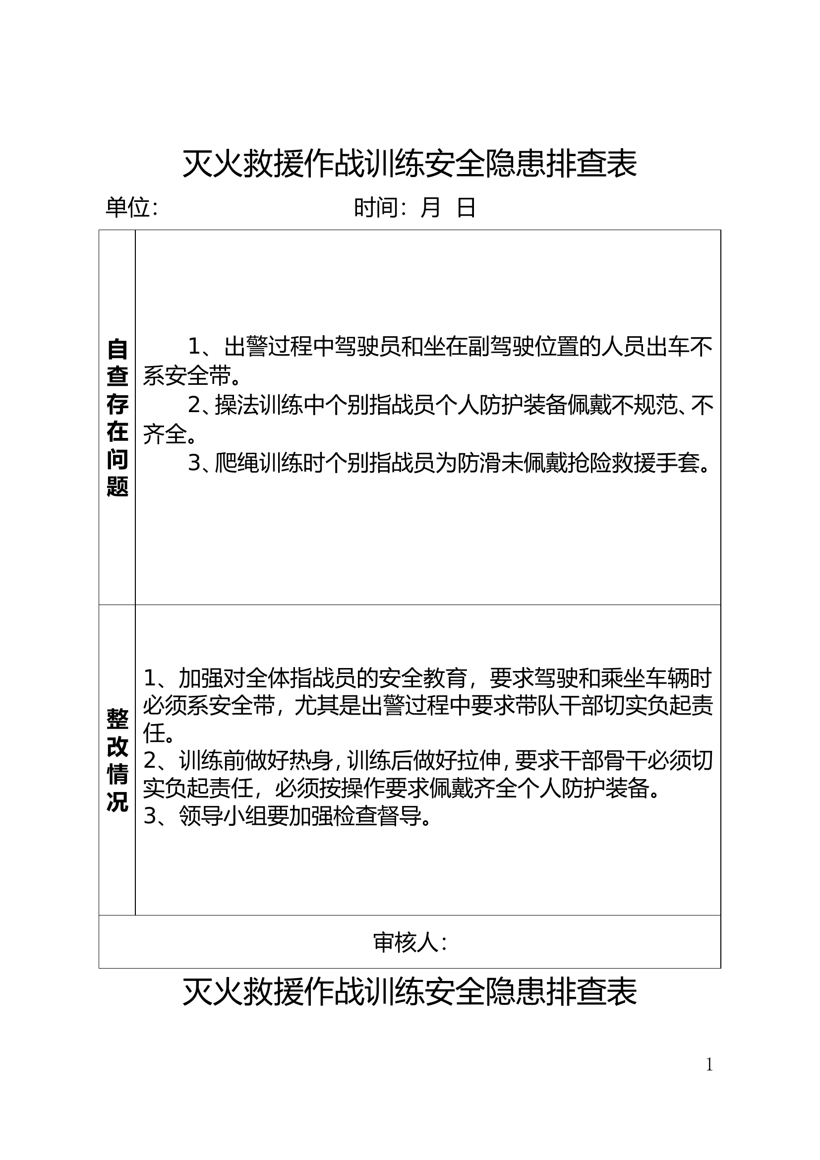 消防站灭火救援作战训练安全隐患排查表（6周）.doc 第1页
