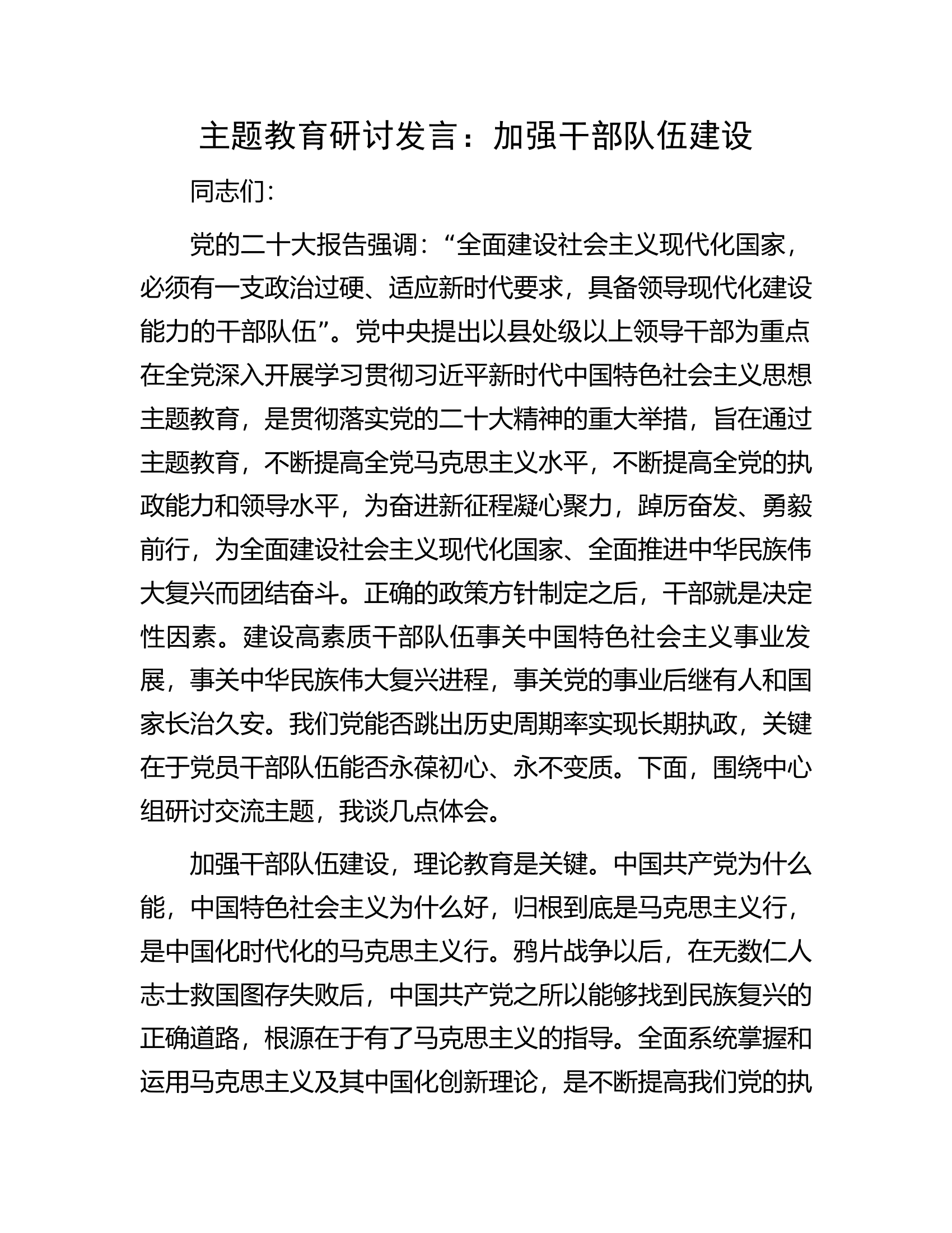 主题教育研讨发言：加强干部队伍建设.docx 第1页