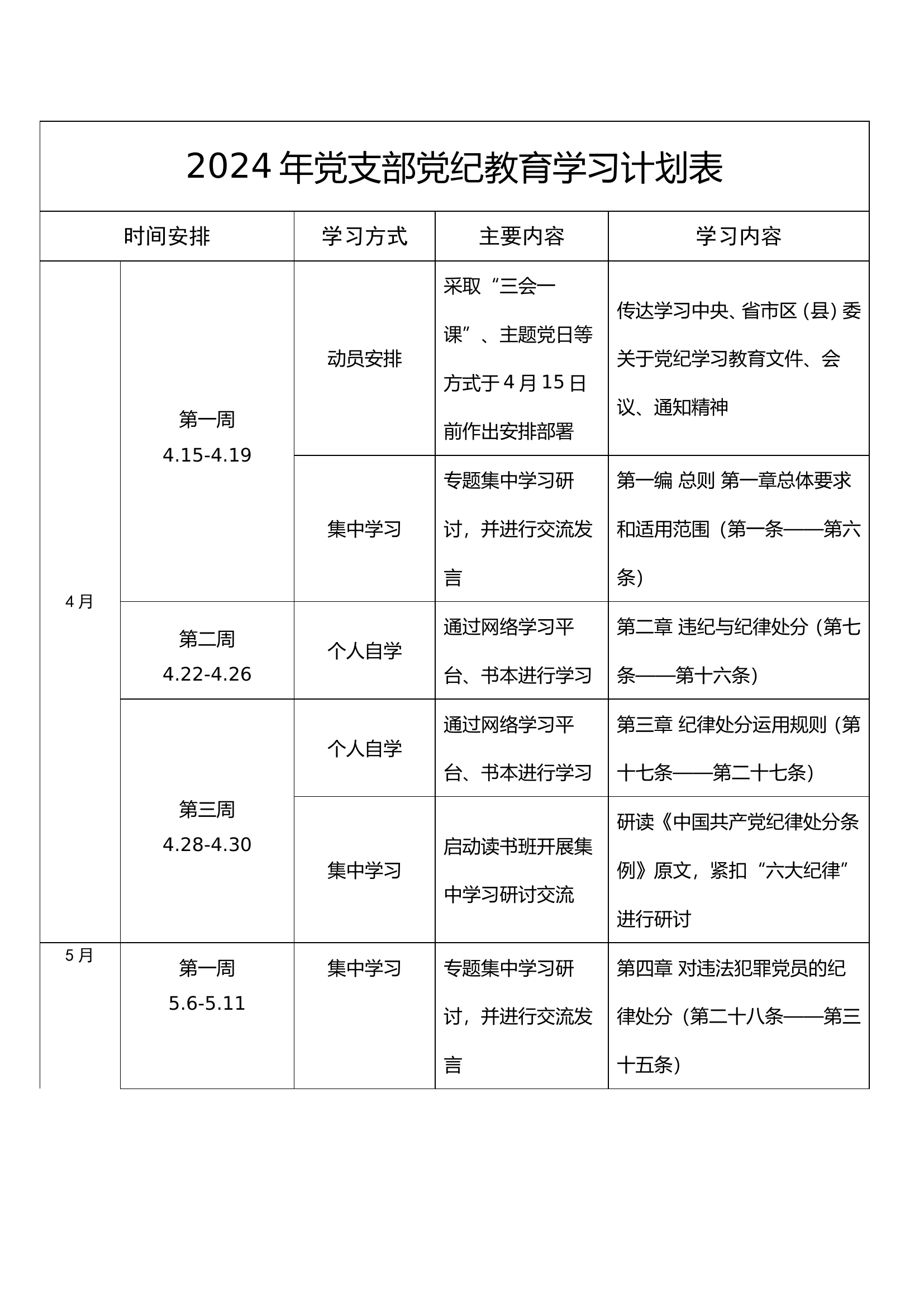 2024年党支部党纪学习教育学习计划表.doc 第1页
