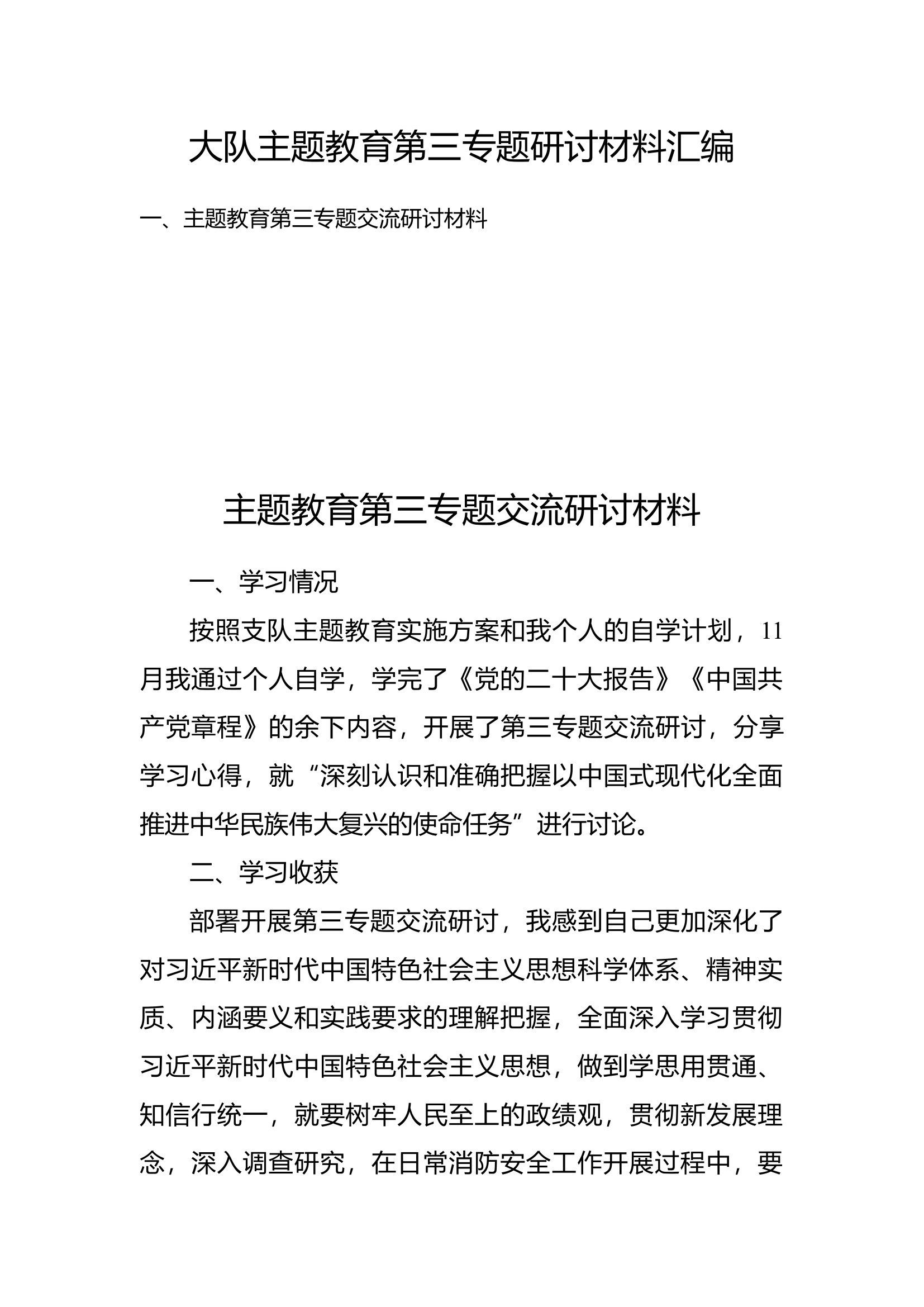 xx大队主题教育第三专题交流研讨汇编（9篇）.docx 第1页