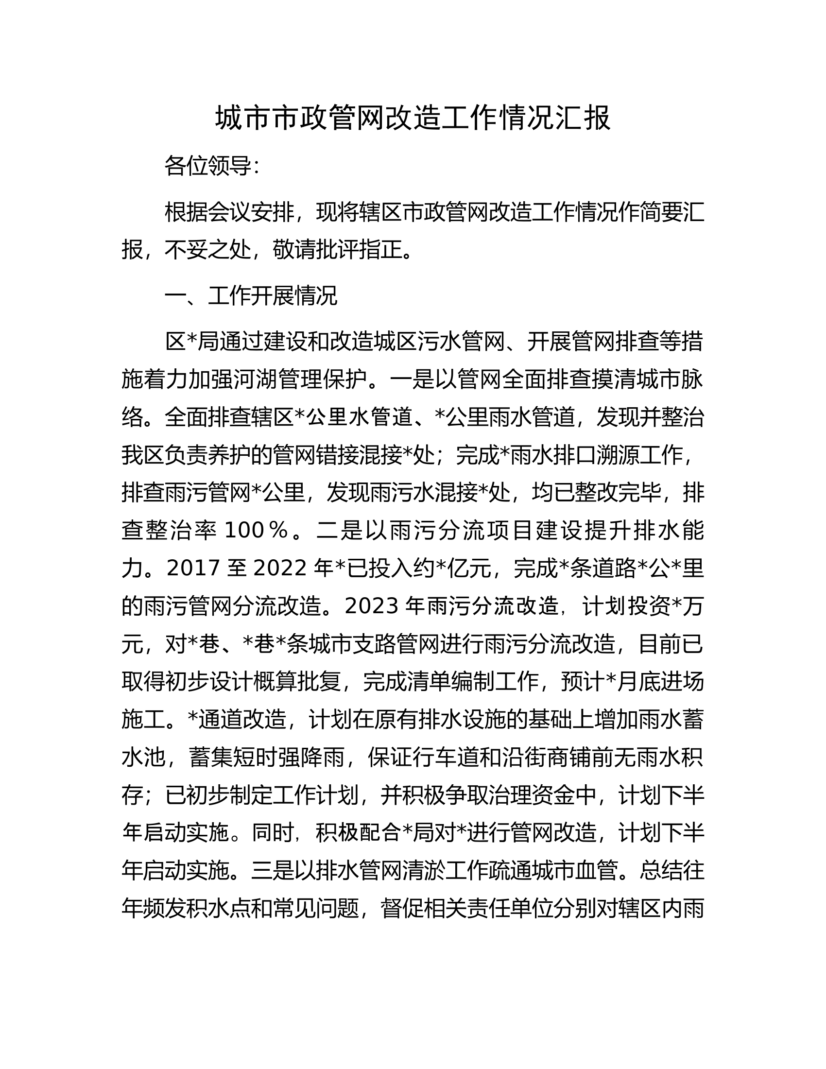 城市市政管网改造工作情况汇报.docx 第1页